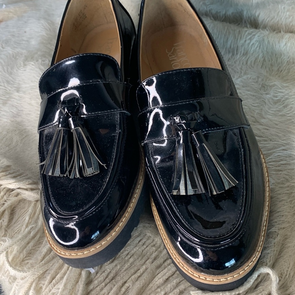 Franco Sarto black patent tassel loafers size 8.5